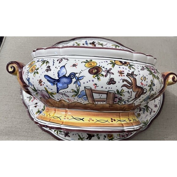 Vtg Holu Ceramic Pottery Portugal Large Tureen Underplate & Ladle Hand Painted - Picture 12 of 16